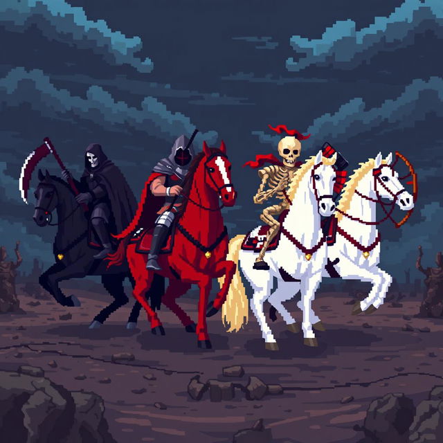 Pixel art depicting the Four Horsemen of the Apocalypse, each horseman with distinct characteristics: Death on a black horse wearing a dark cloak and holding a scythe, War on a red horse, armored and carrying a sword, Famine on a pale horse with a skeletal appearance holding scales, and Pestilence on a white horse with a bow and arrows