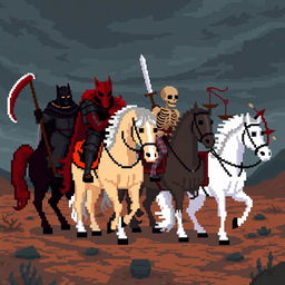 Pixel art depicting the Four Horsemen of the Apocalypse, each horseman with distinct characteristics: Death on a black horse wearing a dark cloak and holding a scythe, War on a red horse, armored and carrying a sword, Famine on a pale horse with a skeletal appearance holding scales, and Pestilence on a white horse with a bow and arrows