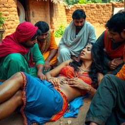 A sultry Indian woman with sexy legs, lying on the ground in a vibrant Indian village setting, surrounded by multiple Indian men in traditionally colorful attire