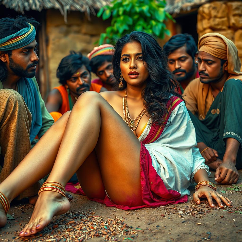 A sultry Indian woman with sexy legs, lying on the ground in a vibrant Indian village setting, surrounded by multiple Indian men in traditionally colorful attire