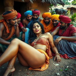 A sultry Indian woman with sexy legs, lying on the ground in a vibrant Indian village setting, surrounded by multiple Indian men in traditionally colorful attire