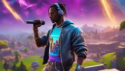 32k HD close-up of Travis Scott for a Fortnite-themed YouTube thumbnail, featuring a holographic Fortnite logo and a blurred Fortnite concert stage in the background