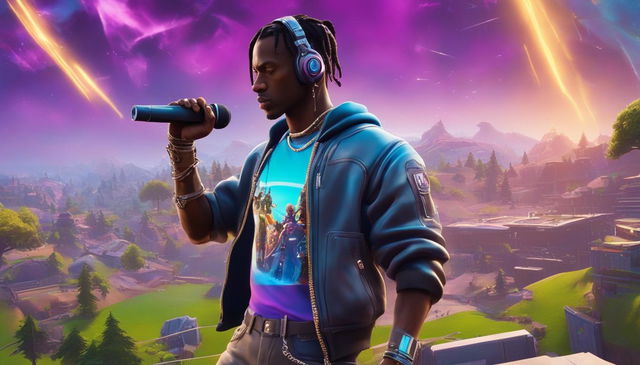 32k HD close-up of Travis Scott for a Fortnite-themed YouTube thumbnail, featuring a holographic Fortnite logo and a blurred Fortnite concert stage in the background