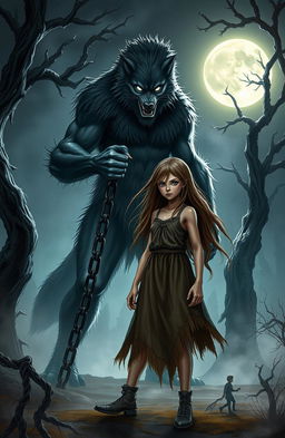 A dramatic scene depicting a girl with long flowing hair, wearing a tattered dress, looking fearfully at a formidable lycanthrope, who is a tall, muscular man with wolf-like features, dark fur, and glowing eyes