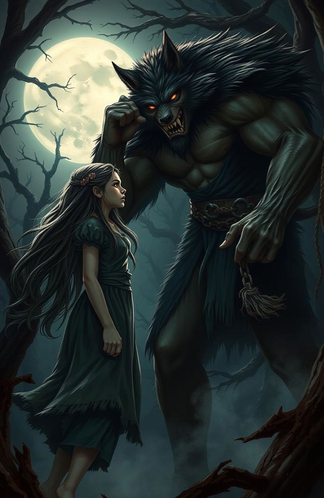 A dramatic scene depicting a girl with long flowing hair, wearing a tattered dress, looking fearfully at a formidable lycanthrope, who is a tall, muscular man with wolf-like features, dark fur, and glowing eyes