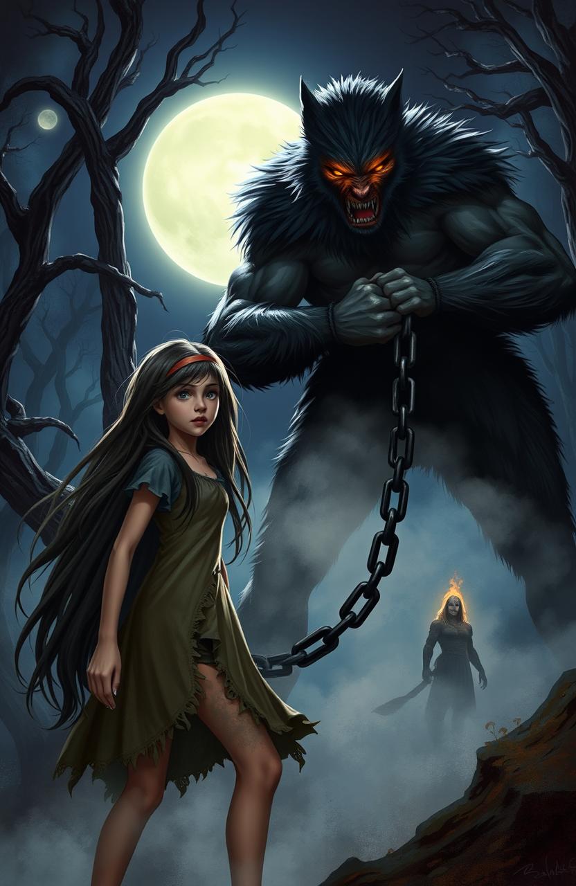 A dramatic scene depicting a girl with long flowing hair, wearing a tattered dress, looking fearfully at a formidable lycanthrope, who is a tall, muscular man with wolf-like features, dark fur, and glowing eyes