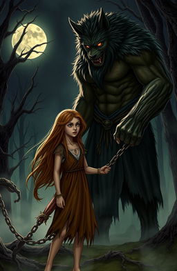 A dramatic scene depicting a girl with long flowing hair, wearing a tattered dress, looking fearfully at a formidable lycanthrope, who is a tall, muscular man with wolf-like features, dark fur, and glowing eyes