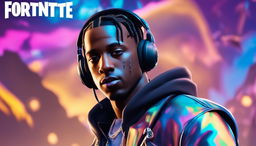 32k HD close-up of Travis Scott for a Fortnite-themed YouTube thumbnail, featuring a holographic Fortnite logo and a blurred Fortnite concert stage in the background