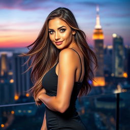 A stunningly attractive woman with long flowing hair, captivating bright eyes, and a confident smile
