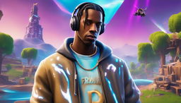 32k HD close-up of Travis Scott for a Fortnite-themed YouTube thumbnail, featuring a holographic Fortnite logo and a blurred Fortnite concert stage in the background