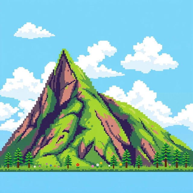 A pixel art style mountain with cat-like ears, featuring a bright blue sky and fluffy white clouds in the background