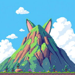 A pixel art style mountain with cat-like ears, featuring a bright blue sky and fluffy white clouds in the background