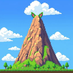 A pixel art style mountain with cat-like ears, featuring a bright blue sky and fluffy white clouds in the background