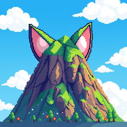A pixel art style mountain with cat-like ears, featuring a bright blue sky and fluffy white clouds in the background