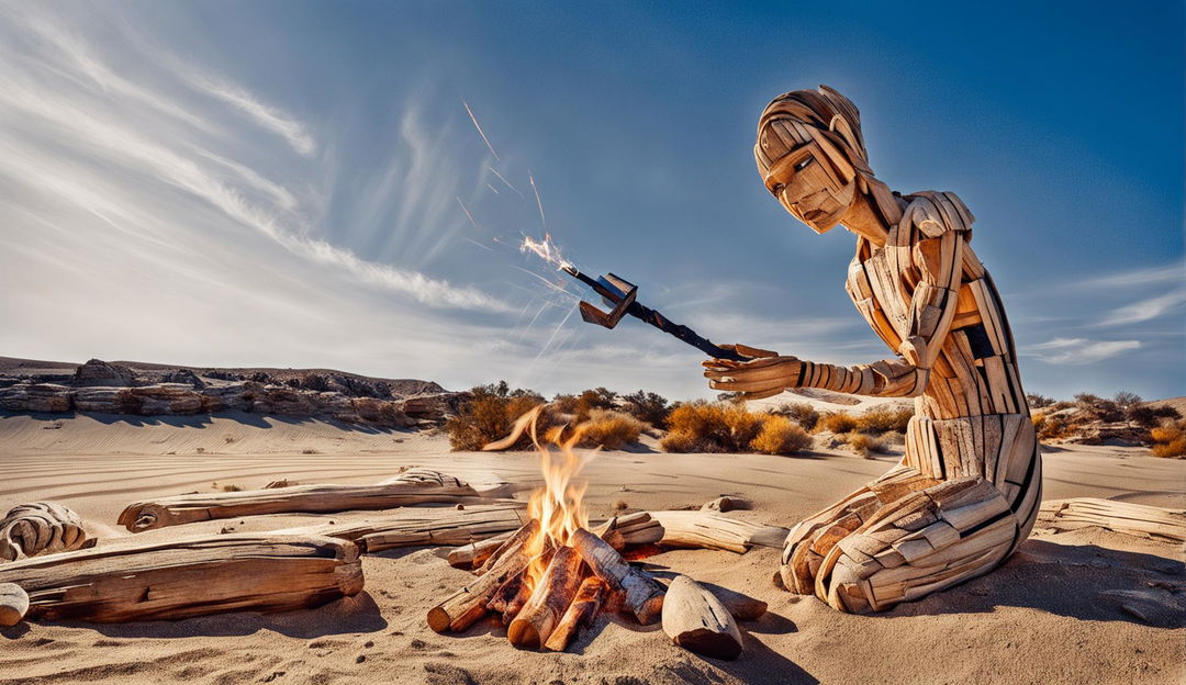 A wooden woman starting a campfire in an expansive desert landscape.