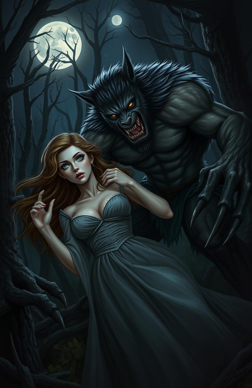 A dark, atmospheric scene depicting a damsel in distress, captured by a lycanthropic creature