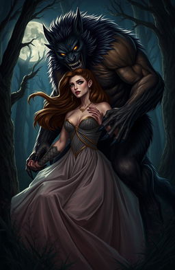 A dark, atmospheric scene depicting a damsel in distress, captured by a lycanthropic creature