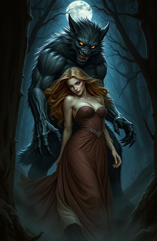 A dark, atmospheric scene depicting a damsel in distress, captured by a lycanthropic creature