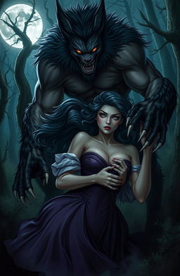 A dark, atmospheric scene depicting a damsel in distress, captured by a lycanthropic creature