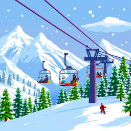 A vibrant pixel art scene depicting a ski resort with a mountain cable car or ski lift