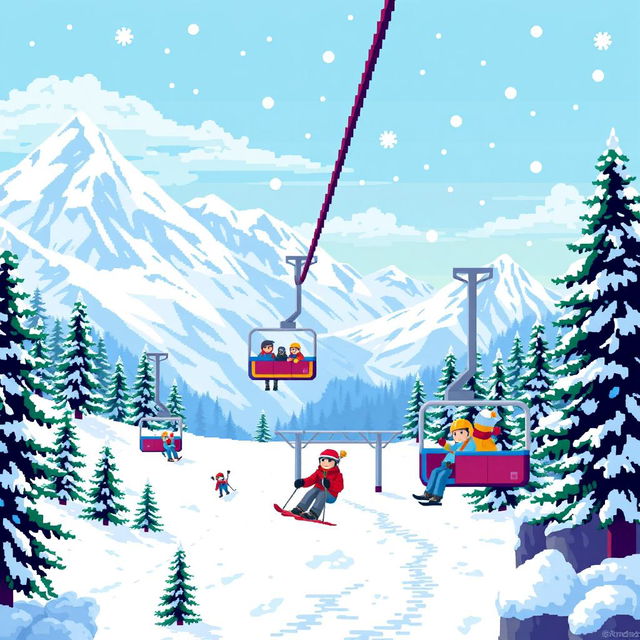 A vibrant pixel art scene depicting a ski resort with a mountain cable car or ski lift