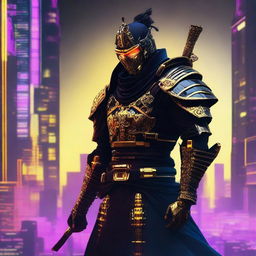 Generate an image of a regal cyberpunk Samurai, donned in stylish dark armor with striking gold accents