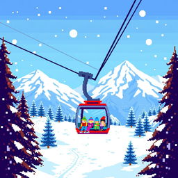 A vibrant pixel art scene depicting a ski resort with a mountain cable car or ski lift