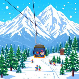A vibrant pixel art scene depicting a ski resort with a mountain cable car or ski lift