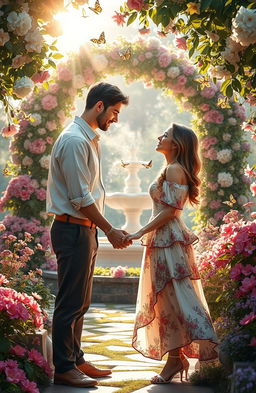 An enchanting and romantic scene depicting a couple in love, surrounded by a lush garden filled with blooming flowers, soft sunlight filtering through the leaves, creating a magical atmosphere