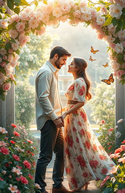 An enchanting and romantic scene depicting a couple in love, surrounded by a lush garden filled with blooming flowers, soft sunlight filtering through the leaves, creating a magical atmosphere