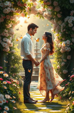 An enchanting and romantic scene depicting a couple in love, surrounded by a lush garden filled with blooming flowers, soft sunlight filtering through the leaves, creating a magical atmosphere
