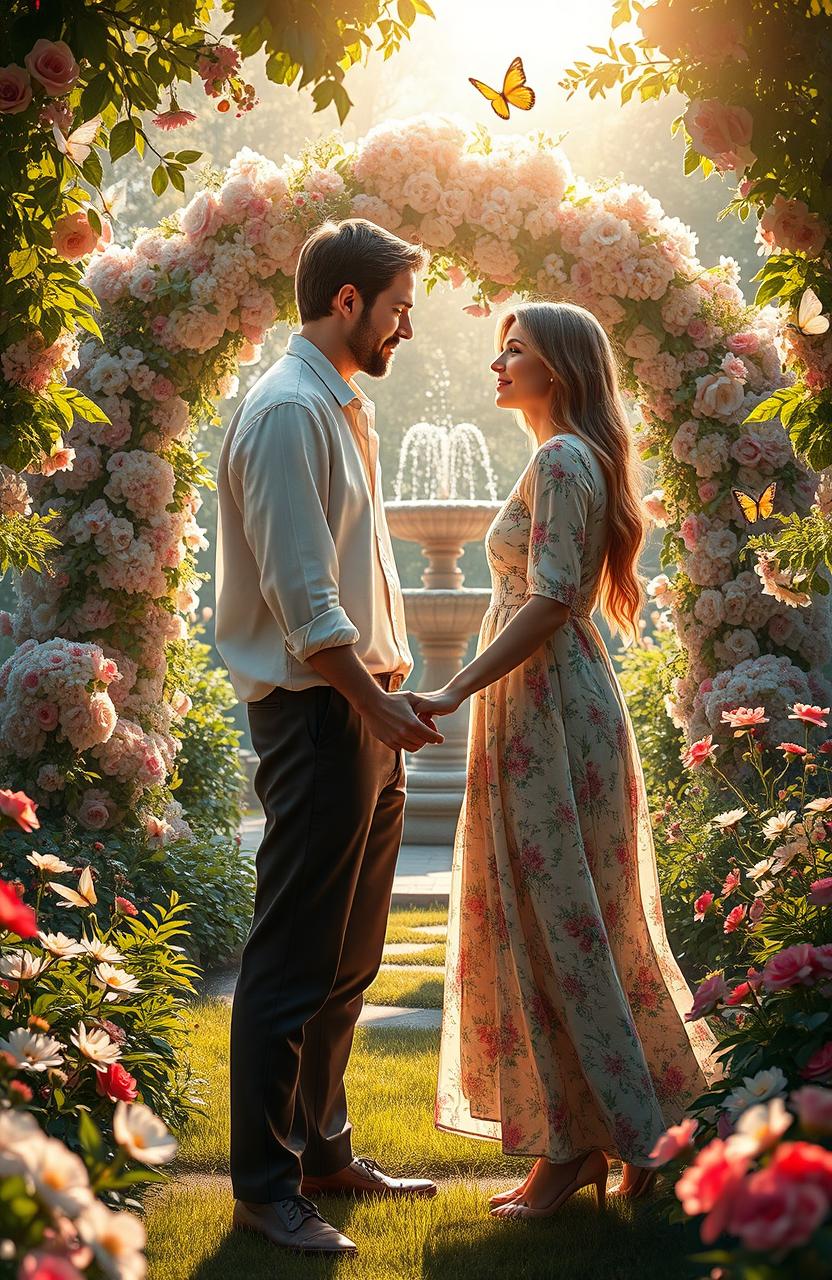 An enchanting and romantic scene depicting a couple in love, surrounded by a lush garden filled with blooming flowers, soft sunlight filtering through the leaves, creating a magical atmosphere