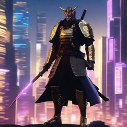 Generate an image of a regal cyberpunk Samurai, donned in stylish dark armor with striking gold accents