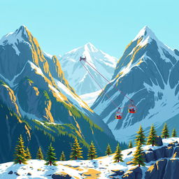 A vibrant pixel art scene depicting majestic mountains with a ski lift ascending gracefully