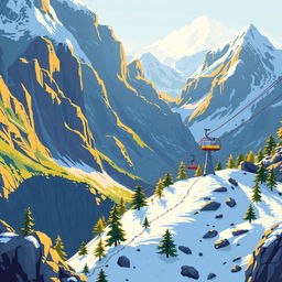 A vibrant pixel art scene depicting majestic mountains with a ski lift ascending gracefully