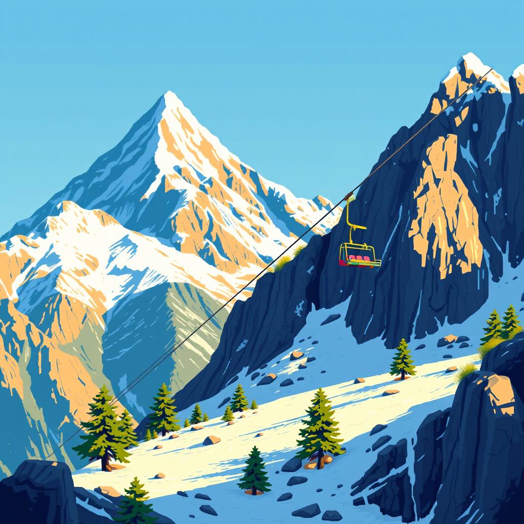 A vibrant pixel art scene depicting majestic mountains with a ski lift ascending gracefully