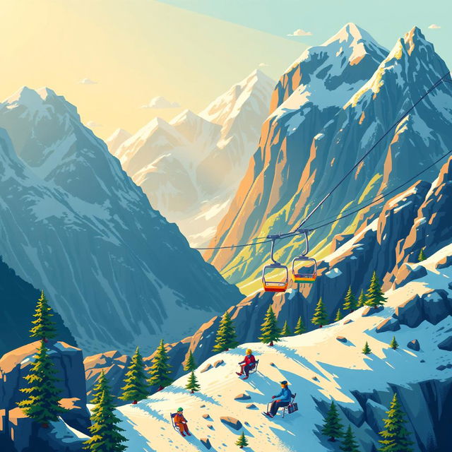 A vibrant pixel art scene depicting majestic mountains with a ski lift ascending gracefully