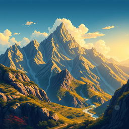 Pixel art depiction of mountainous scenery, featuring warm lighting that casts a golden glow across the peaks, intricate detailing on the rocky surfaces and surrounding flora, with stylized clouds and a bright sky in the background