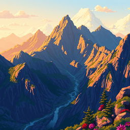 Pixel art depiction of mountainous scenery, featuring warm lighting that casts a golden glow across the peaks, intricate detailing on the rocky surfaces and surrounding flora, with stylized clouds and a bright sky in the background