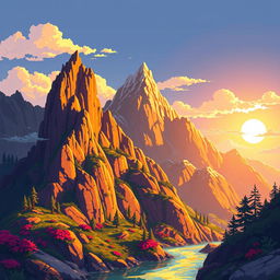 Pixel art depiction of mountainous scenery, featuring warm lighting that casts a golden glow across the peaks, intricate detailing on the rocky surfaces and surrounding flora, with stylized clouds and a bright sky in the background