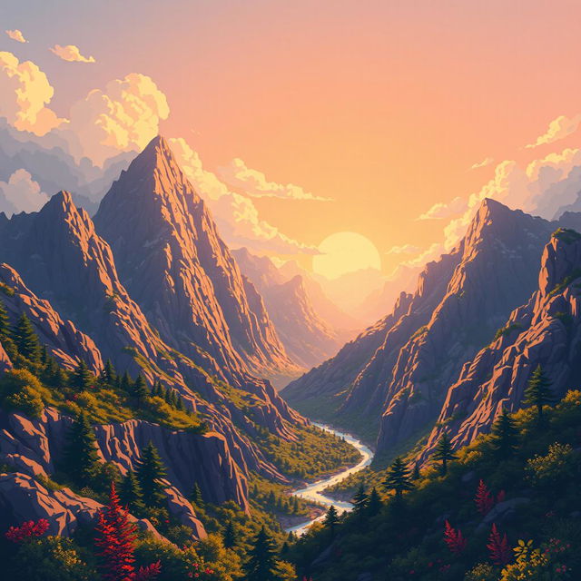 Pixel art depiction of mountainous scenery, featuring warm lighting that casts a golden glow across the peaks, intricate detailing on the rocky surfaces and surrounding flora, with stylized clouds and a bright sky in the background