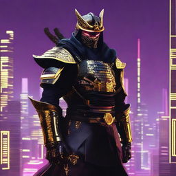 Generate an image of a regal cyberpunk Samurai, donned in stylish dark armor with striking gold accents