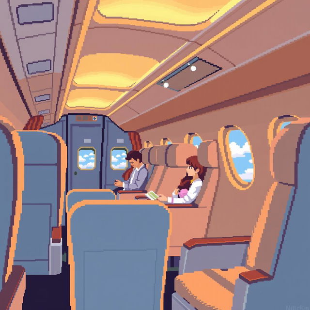 Pixel art style depiction of a cozy airplane cabin, featuring warm lighting, plush seats, and soft textures