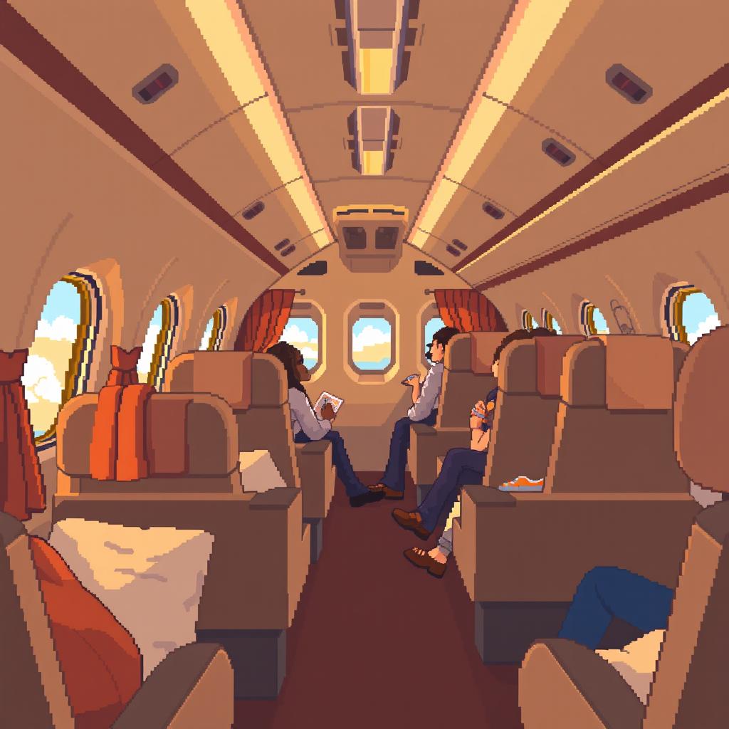 Pixel art style depiction of a cozy airplane cabin, featuring warm lighting, plush seats, and soft textures