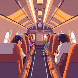 Pixel art style depiction of a cozy airplane cabin, featuring warm lighting, plush seats, and soft textures
