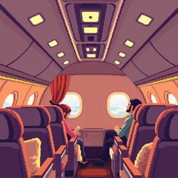 Pixel art style depiction of a cozy airplane cabin, featuring warm lighting, plush seats, and soft textures
