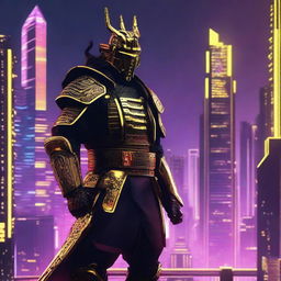 Generate an image of a regal cyberpunk Samurai, donned in stylish dark armor with striking gold accents