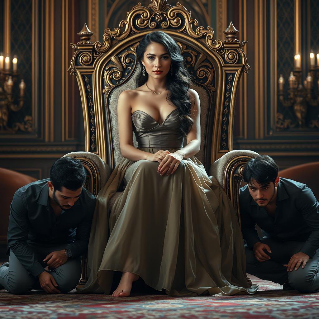 A stunningly beautiful woman sitting regally on an ornate throne, her expression confident and commanding