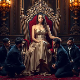 A stunningly beautiful woman sitting regally on an ornate throne, her expression confident and commanding