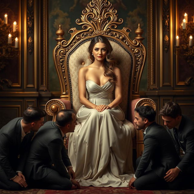 A stunningly beautiful woman sitting regally on an ornate throne, her expression confident and commanding